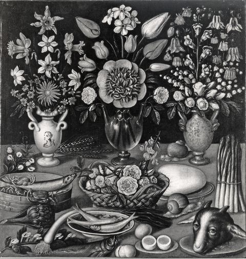 Gamberoni, Silvio — Anonimo lombardo sec. XVII - Natura morta con vasi di fiori, cesto di rose, pesci, uova, ortaggi e testa di vitello — insieme